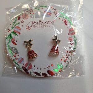 Princess Accessories Red Green Gold Tone Bell Earrings Rhinestone & Faux Pearl